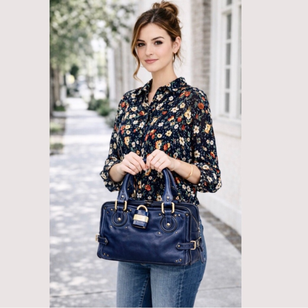 CHLOE Paddington Navy Blue Leather Tote Hand Bag CHLOE Padlock - Picture 3 of 16